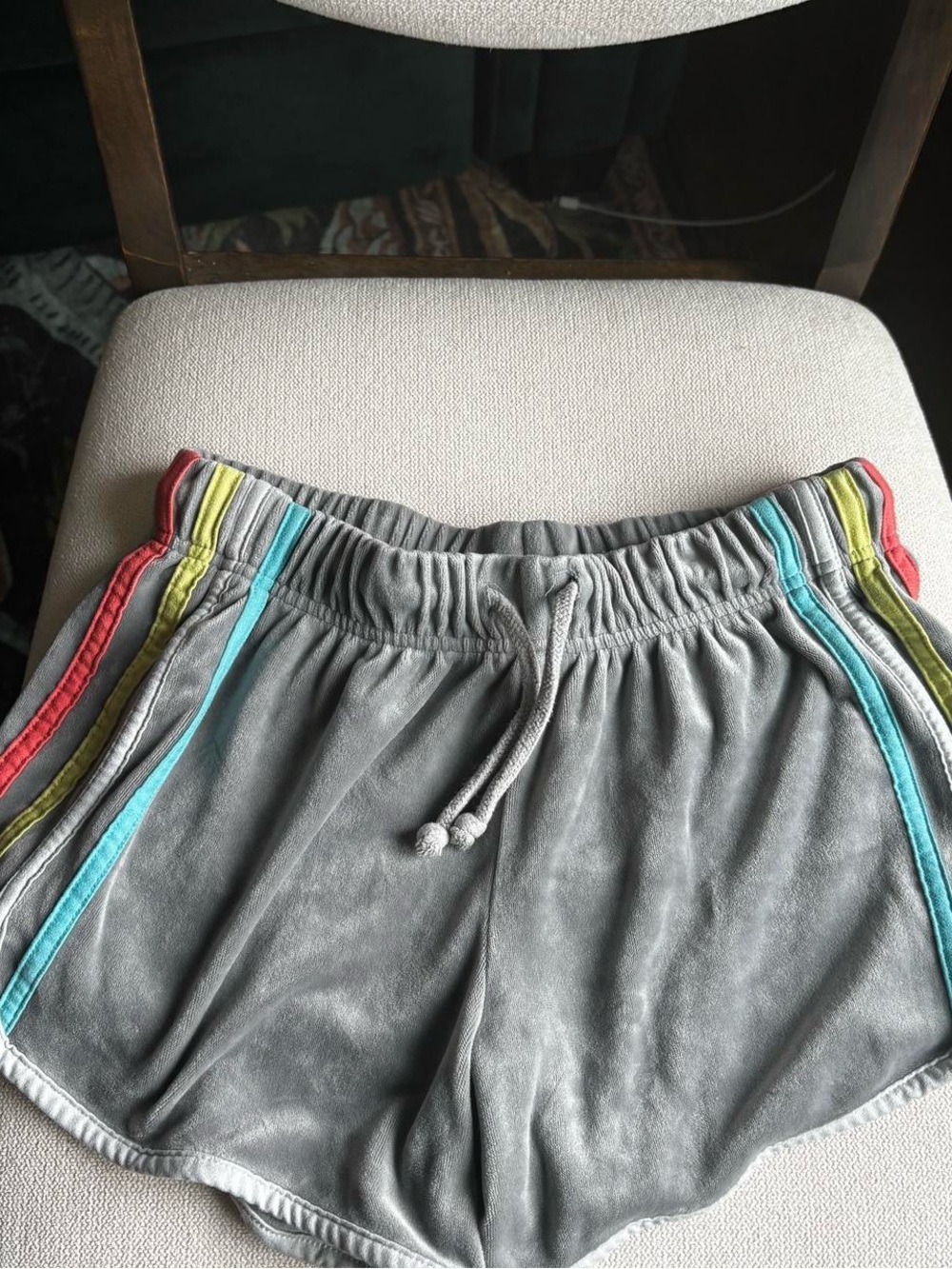 SO Gray Velvet Athletic Shorts with Turquoise, Yellow and Red Side Stripes